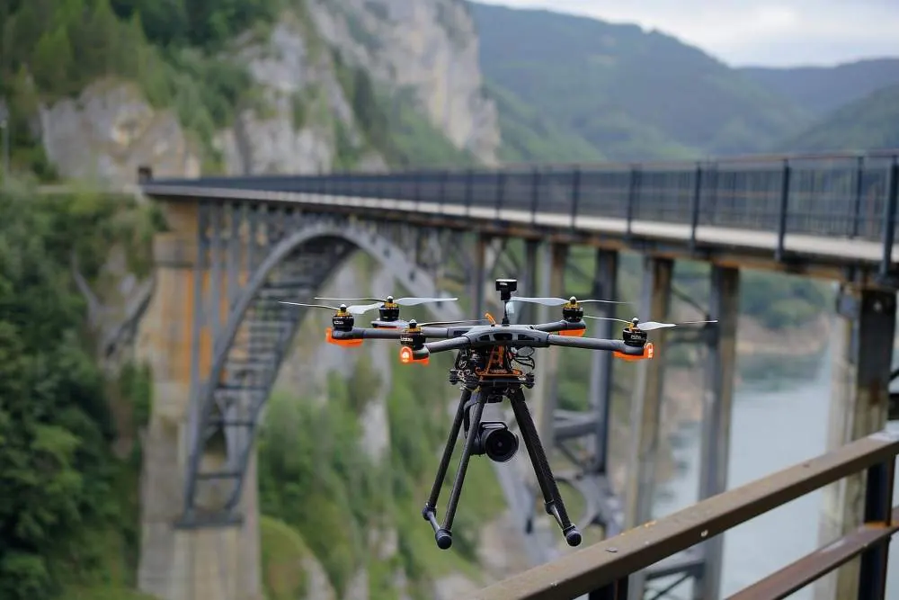 Drone επιθεώρησης μπροστά από σιδερένια γέφυρα σε φαράγγι