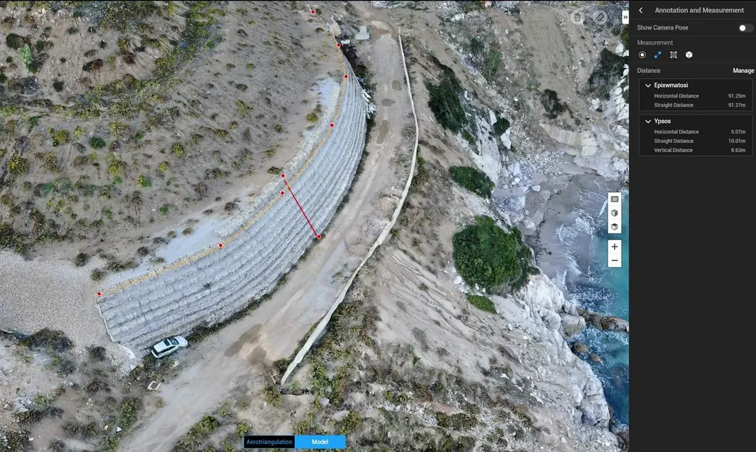 Online 3D προβολή οδικού έργου σε πλαγιά, με εργαλεία μέτρησης
